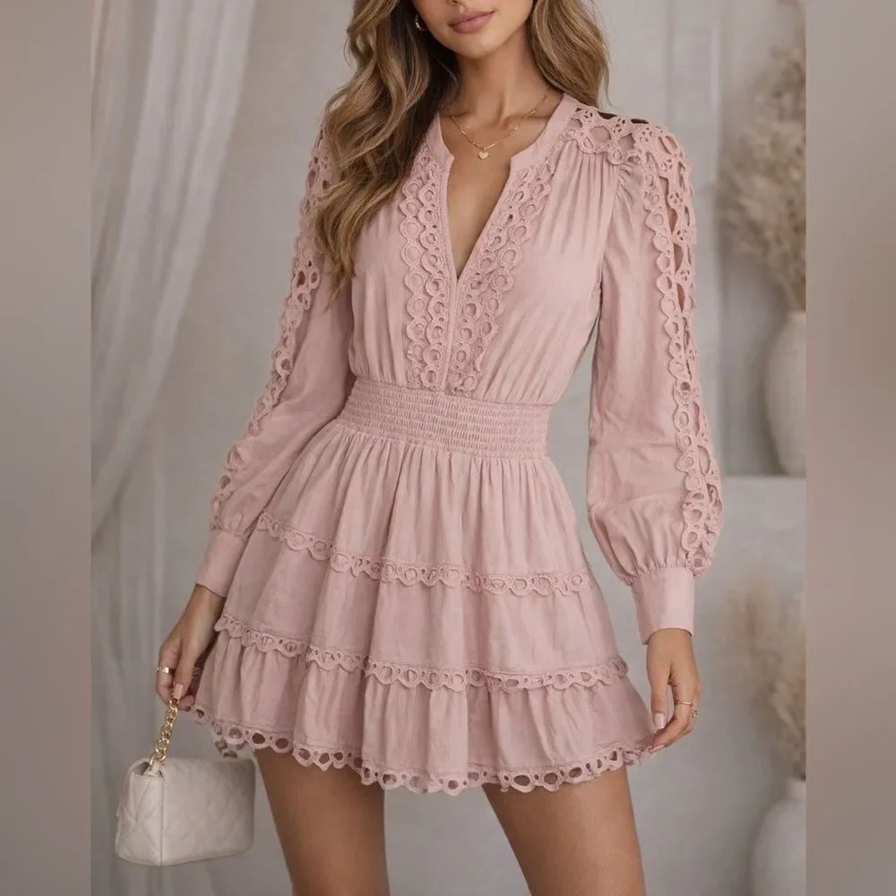 Endless Rose Blush Lace Trim Tiered Smocked Waist Mini Dress Size Small